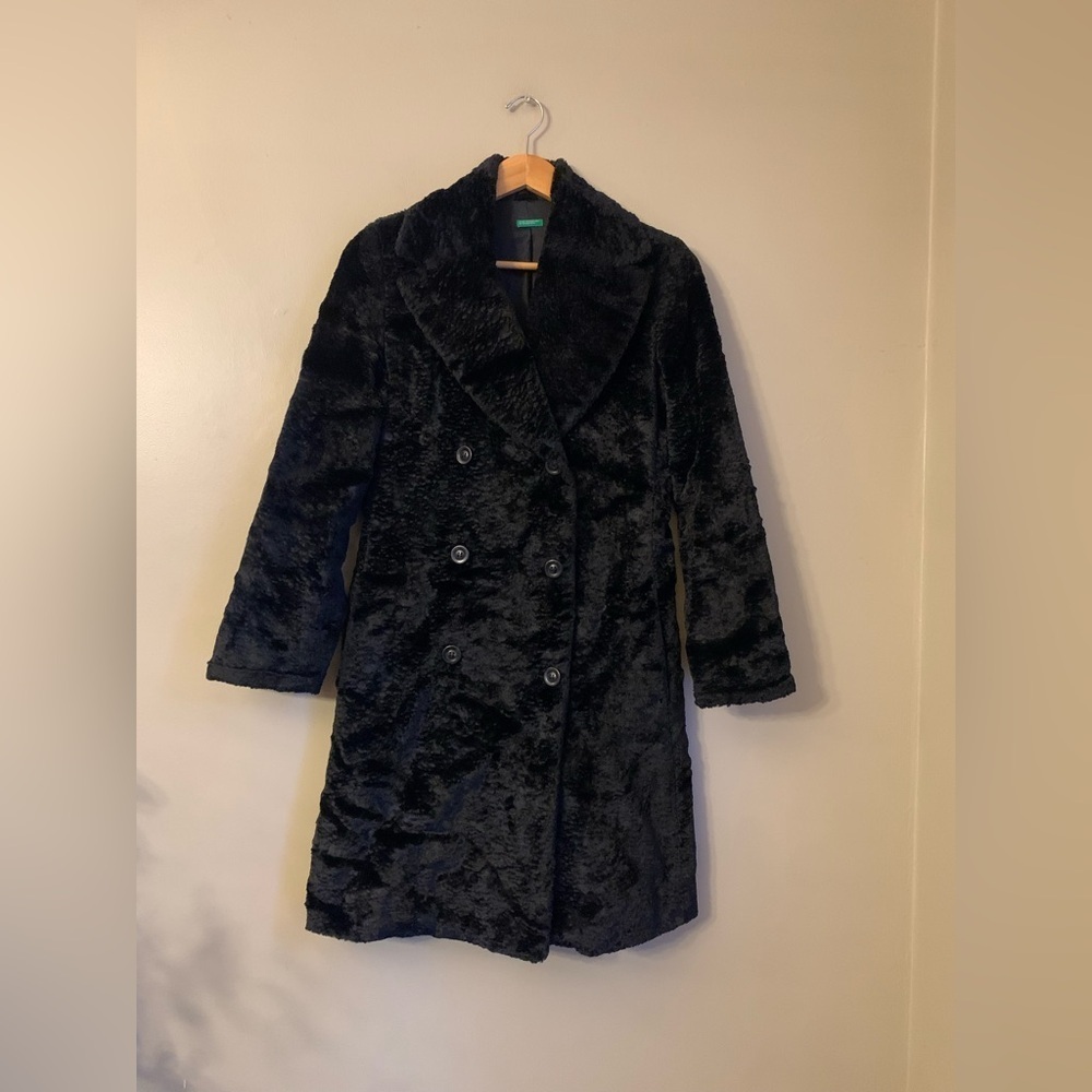 Vintage Benetton Womens Black Faux Fur Coat Classic Mob Wife Glam Old Money 44